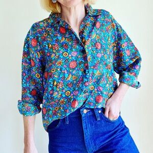 Vintage Colorful Floral Geometric Teacher Patterned 100% Silk Women's Blouse M